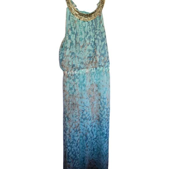 Vince Camuto Blue Printed Watercolor Chiffon Halter Top Gold Beads Maxi Dress 12 - Picture 3 of 10